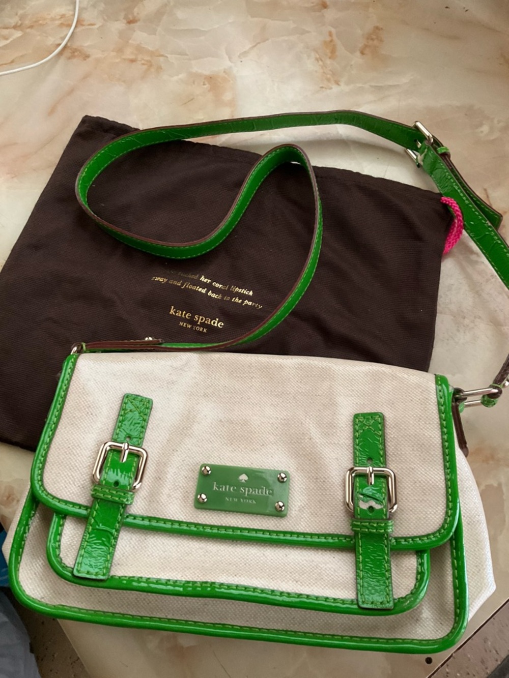kate spade Cream Canvas Crossbody with Green Patent Trim